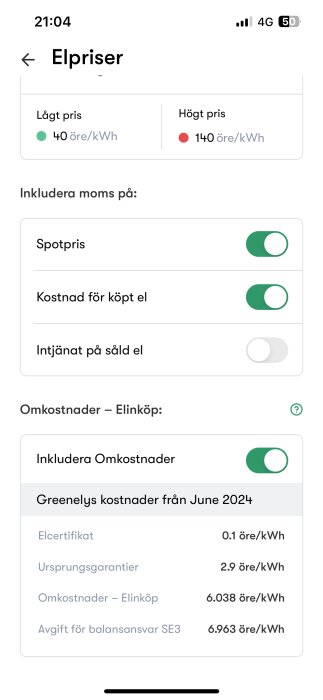 Inställningar för elpriser som inkluderar moms, med lågt pris på 40 öre/kWh och högt pris på 140 öre/kWh, samt detaljerade omkostnader per kWh.