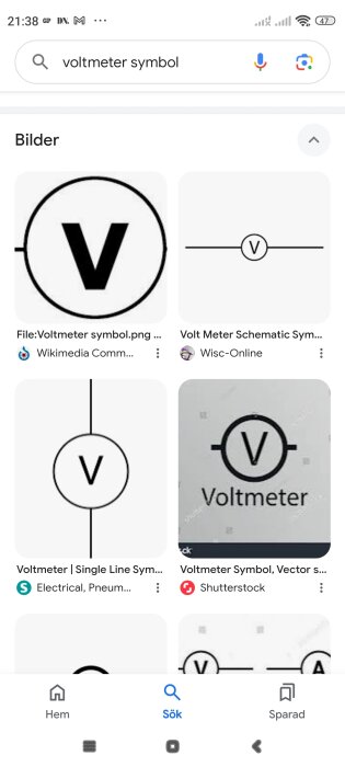 Skärmdump av Googles bildsökning för "voltmeter symbol" med olika varianter av voltmetersymboler.