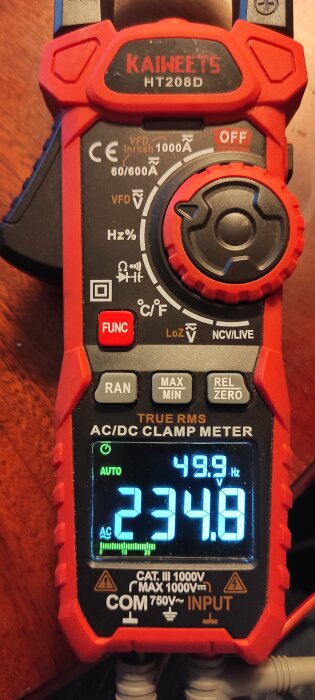 En röd Kaiweets HT208D True RMS AC/DC klämma-multimeter visar ett mätvärde på 234,8 volt och 49,9 Hz på den digitala displayen.