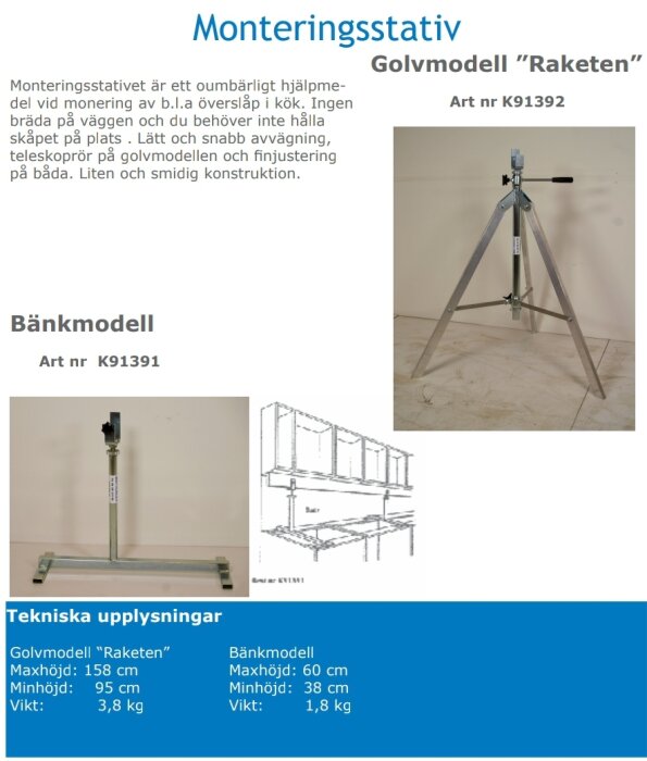 Monteringsstativ i två modeller, golvmodell "Raketen" (Art nr K91392) och bänkmodell (Art nr K91391), med tekniska specifikationer som höjd och vikt.