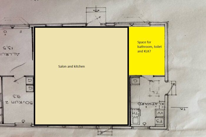 Floor plan showing a proposed layout for a salon and kitchen area in beige, and a potential bathroom, toilet, and KLK area in yellow.