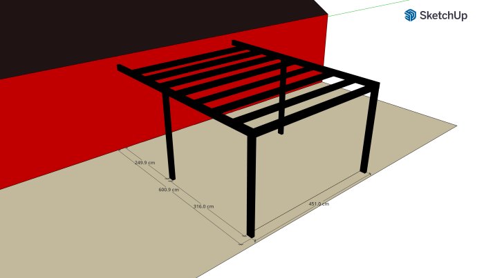 Illustration av planerad pergola, 95x95 stolpar och 45x145 reglar, som ska byggas på en fristående altan med bärlinor på betongplattor. Måttangivelser synliga.