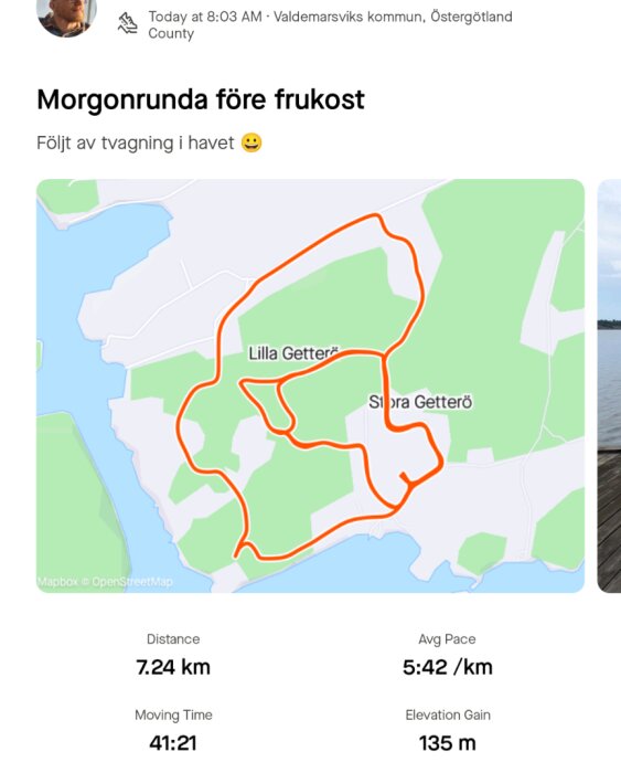 Karta med en löprunda på 7,24 km runt Lilla Getterö och Stora Getterö nära Valdemarsviks kommun, Östergötland. Löptempo: 5:42 min/km, höjdskillnad: 135 m.