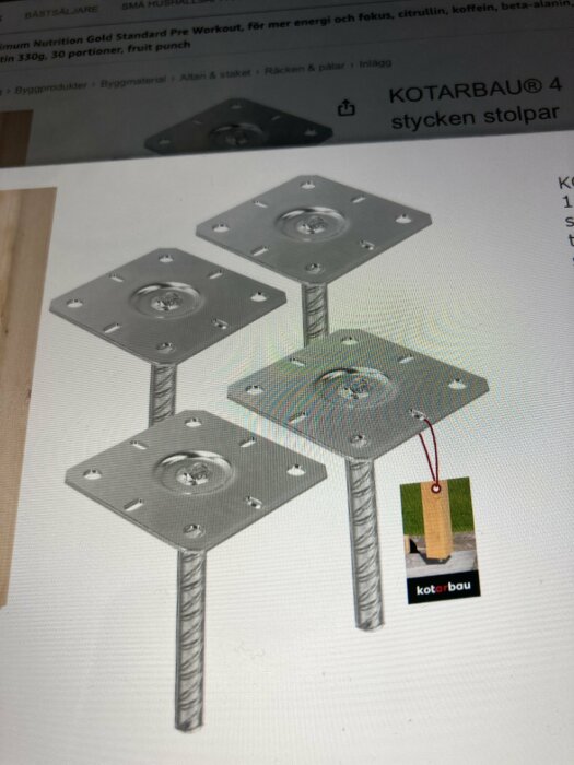 Fyra Kotarbau-stolphållare på en vit bakgrund, med märkning och bild på applicerad användning av produkten.