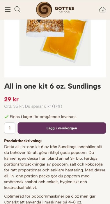 Bild på ett all-in-one kit från Sundlings, med en påse popcornkärnor och en påse med smörsmakande kokosolja, används för hemmagjord popcorn.