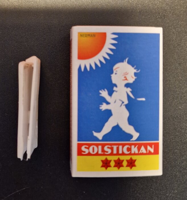 Plasthylsa från en fönsterspanjolett från 1986, placerad bredvid en Solstickan-tändsticksask på ett svart underlag.