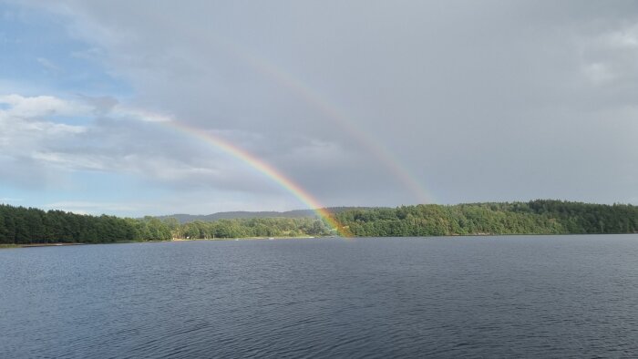 En sjö med skog i bakgrunden och två regnbågar som sträcker sig över himlen.