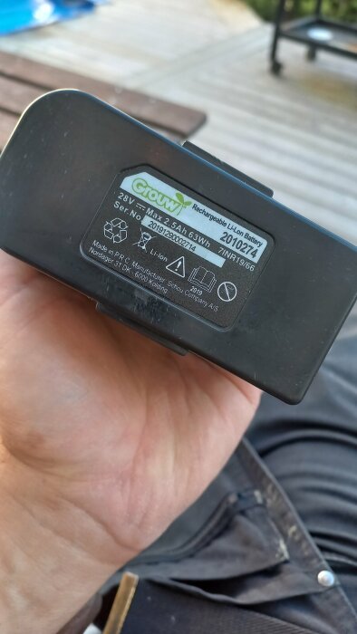 Batteri av märket Grouw med specifikationen 28V, 2.5Ah, 63Wh, hålls i en hand. Etiketten visar serienummer och andra detaljer.