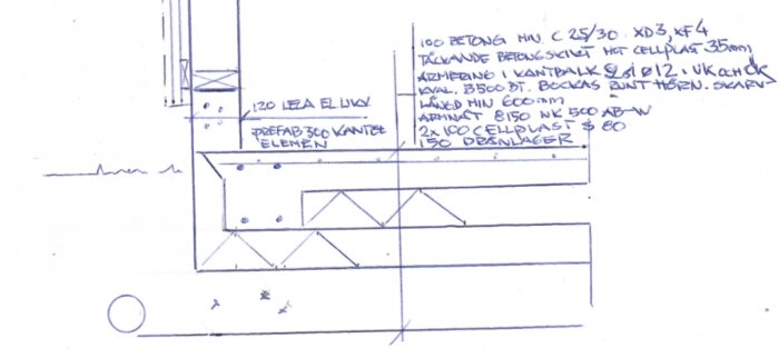 Ritning av byggkonstruktion visar betonglagret på 35 mm, armeringens placering och prefab kantelement. Texter beskriver specifikationer som material och mått.