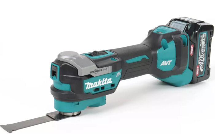 Makita sladdlös multiverktyg Starlock Max svart och turkos med 40V batteri.