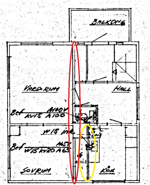 Planritning av ett funkishus från 1936 med två våningar ovan källare. Väggen inringad i gult, medan mellanbjälklag och bjälklag markerade i rött.