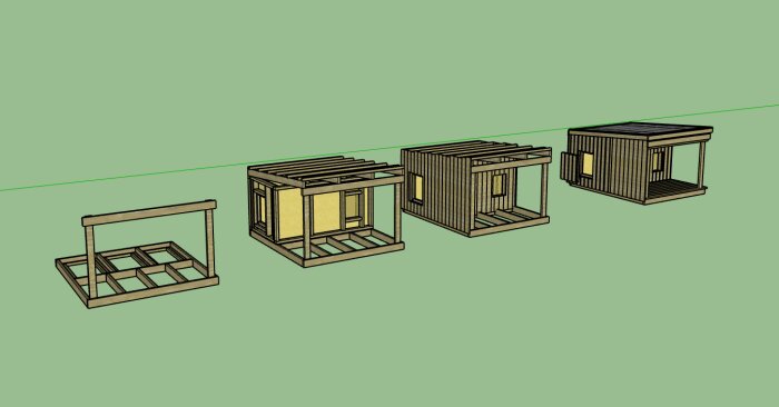 3D-rendering av byggprocessen för ett hundhus i fyra steg, från ramverk till färdig struktur med isolering och paneling på väggar och tak.