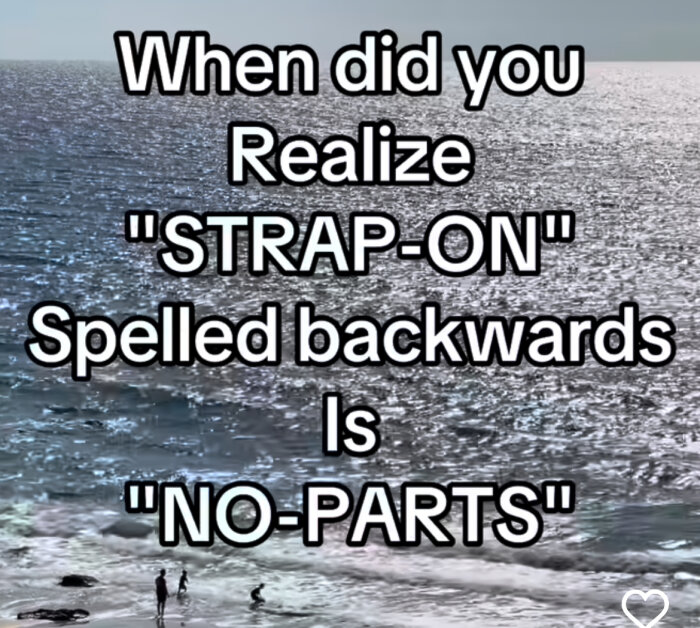 Text som säger "When did you realize 'STRAP-ON' spelled backwards is 'NO-PARTS'" över en bild av en havsstrand.