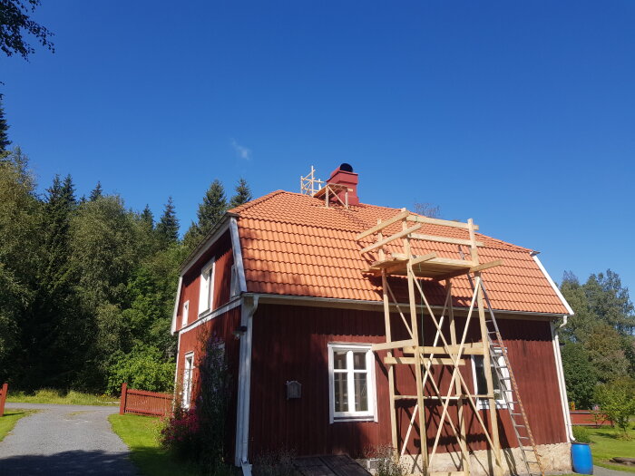 Träställning som liknar en "Alfons Åberg helikopter" monterad mot taket på ett rött hus med vita knutar och tegeltak, omgiven av grönska och klarblå himmel.