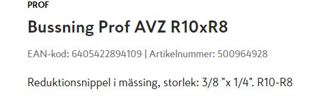 Produktbeskrivning av mässingsreduktion AVZ R10xR8, inklusive EAN-kod och artikelnummer.