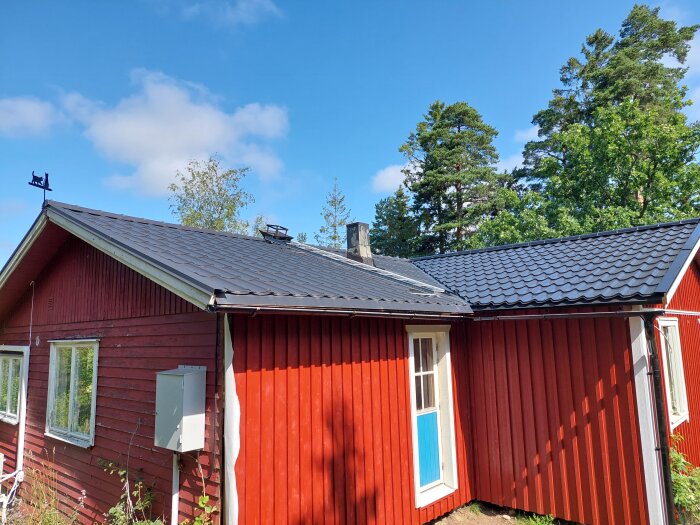 Rött hus med svart tak där en kamininstallation syns som ett utskjutande rör genom taket. Bilden visar även omgivande grönska och blå himmel med moln.