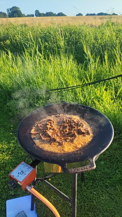 Matlagning på en camping i Heiligenhafen, en panna med kött och sås steks över en bärbar gasbrännare i ett gräsfält.