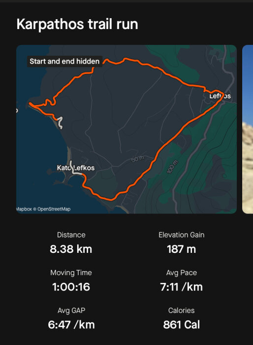 Karta över Karpathos trail run med distansen 8,38 km, höjdökning 187 m, tid 1:00:16, snittempo 7:11 min/km, genomsnittligt GAP 6:47 min/km och förbrukade kalorier 861.