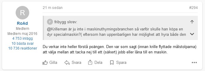 Diskussionstråd på bygg- och renoveringsforum där en användare ifrågasätter en tidigare kommentar och diskuterar valen att hyra eller köpa specialmaskin.