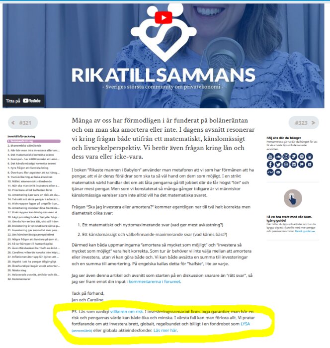 Skärmdump av en artikel från "RikaTillsammans" om amortering och lån, inklusive innehållsförteckning och en varning om investeringsrisker markerad i gult.