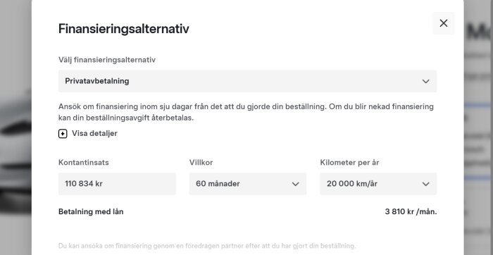 Bild som visar finansieringsalternativ för privatavbetalning av en bil med en kontantinsats på 110 834 kr, 60 månaders villkor och 20 000 km/år för 3 810 kr/mån.