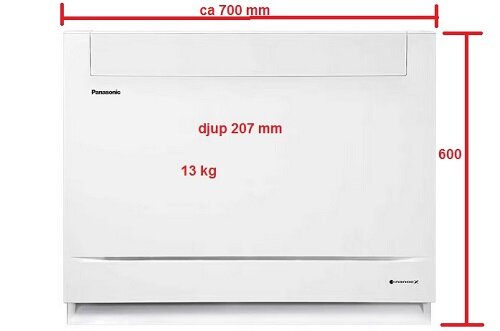 Bild på en Panasonic Z25 golvmodell luft-luftvärmepump, med måttangivelser 700 mm bred, 600 mm hög och 207 mm djup, vikt 13 kg.