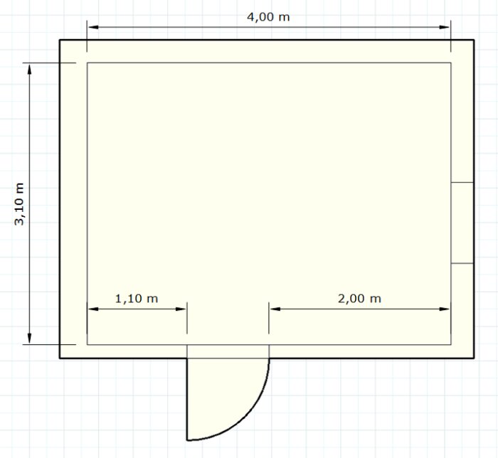 Ritning av tvättstuga i källare, mått 4,0x3,1 m, dörr på nedre väggen, mått från väggar markerade, fönster på högra ytterväggen.