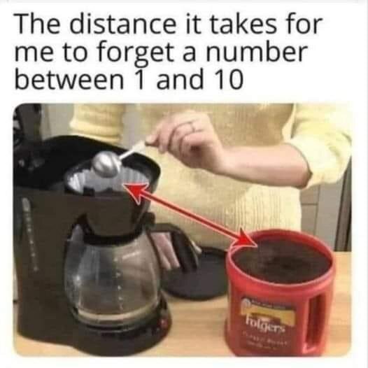 En person som lägger kaffepulver i en kaffemaskin med en sked från en burk märkt "Folgers". Bildtext: "The distance it takes for me to forget a number between 1 and 10.