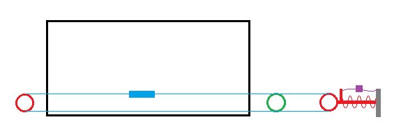 Diagram över ett system som använder en stål-lina och ett fjädrat spännhjul med en säkerhetsbrytare för att driva en motor via ett relä.