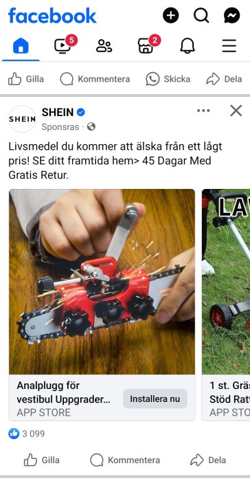 En smartphone visar en Facebook-annons från SHEIN med en bild på ett verktyg som genererar gnistor.