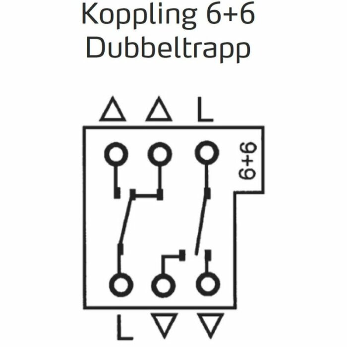 Kopplingsschema för dubbeltrapp med etiketter 6+6, triangel symboler och L visar hur ledningar ska anslutas. Samband visas genom linjer mellan anslutningar.