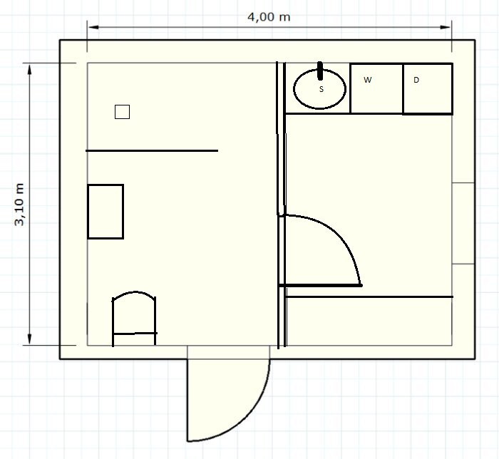 Ritning över en rumsindelning med ett badrum och en separat tvättstuga med plats för tvättmaskin, torktumlare och handfat, samt en öppen yta.