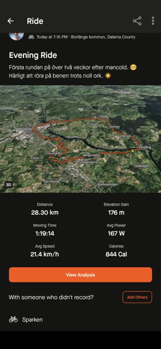 En cykelrunda, inskriven som "Evening Ride", på en karta över Borlänge-trakten, visar en sträcka på 28,30 km med en höjdvinst på 176 m.