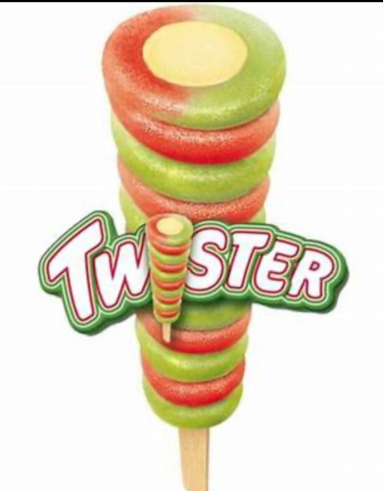 En bild på en färgglad Twister-glass med gröna, röda och gula ringar på en pinne.