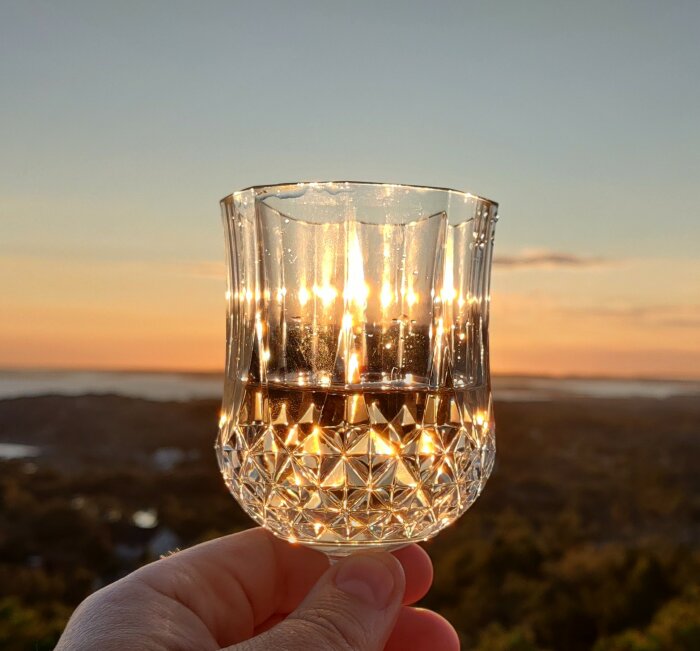 En hand som håller ett glas rosévin i solnedgången på en bergstopp.