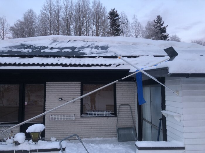 Yta utanför ett hus täckt av snö, med snöskovlar lutande mot väggen. Taket har snö och is, vilket kan orsaka problem vid kraftigt regn.