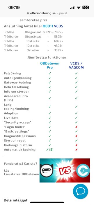 Pris- och funktionsjämförelse mellan diagnostikverktygen OBD11 och VCDS/VAGCOM, inklusive funktioner som felsökning, automatisk kodning och Gateway-kodning.