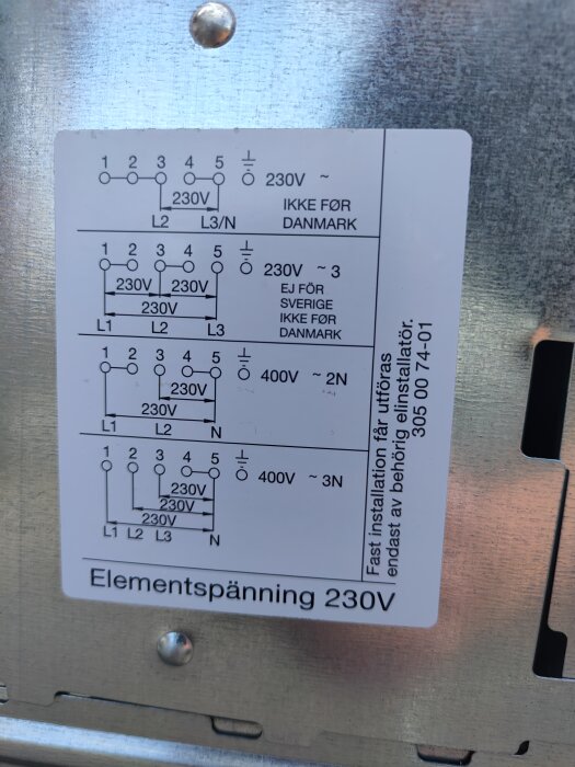 Anslutningsschema för spis med olika spänningsalternativ: 230V och 400V, inklusive märkningar "IKKE FÖR DANMARK" och "EJ FÖR SVERIGE".