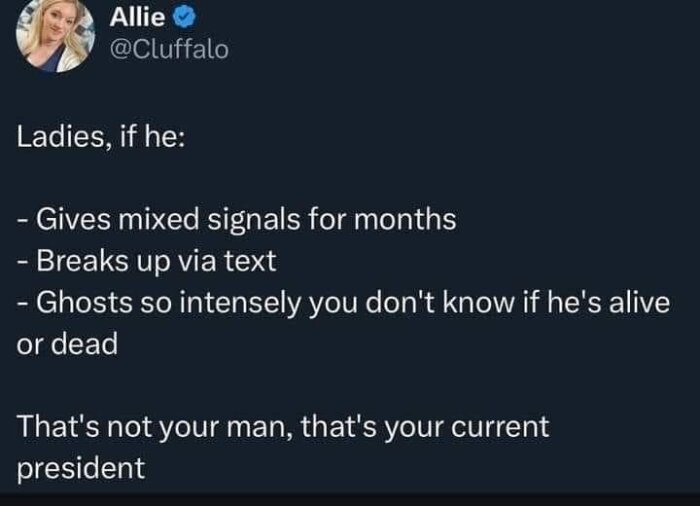 En skärmdump av ett tweet från användaren Allie med texten "Ladies, if he: - Gives mixed signals for months - Breaks up via text - Ghosts so intensely you don't know if he's alive or dead That's not your man, that's your current president".