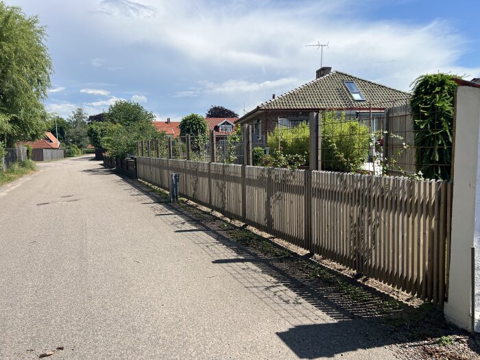 Slutet av en lugn gata med lågt trästaket framför ett hus och bakom staketet finns en trädgård med gröna växter.