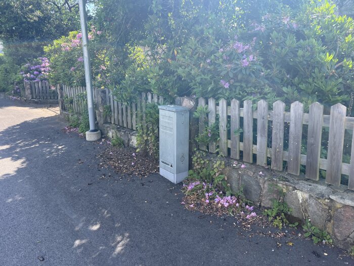 Trästaket med genomsiktlighet står framför buskar och blommor längs en asfalterad väg.