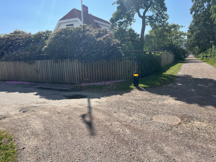 Staket runt en trädgård med blommande buskar i ett bostadsområde, vid en grusväg och ett körfält.