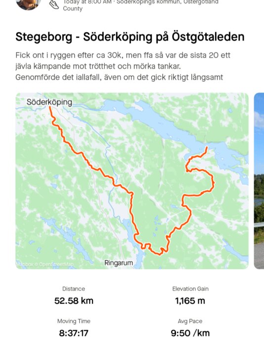 Karta över en löprunda från Stegeborg till Söderköping på Östgötaleden. Distansen är 52,58 km med en stigning på 1 165 m. Den totala tiden är 8:37:17 med en snittfart på 9:50/km.