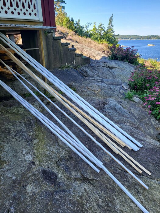 Lister i vitt och träfärg ligger på en stenig mark bredvid en trappa och ett hus vid en sjö med skog i bakgrunden.