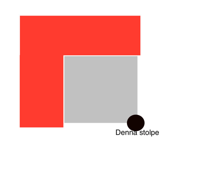 En ritad bild som visar en hörnstolpe markerad "Denna stolpe" där två bärlinor möts; den främre bärlinan och den bakre bärlinan stöder en altan.