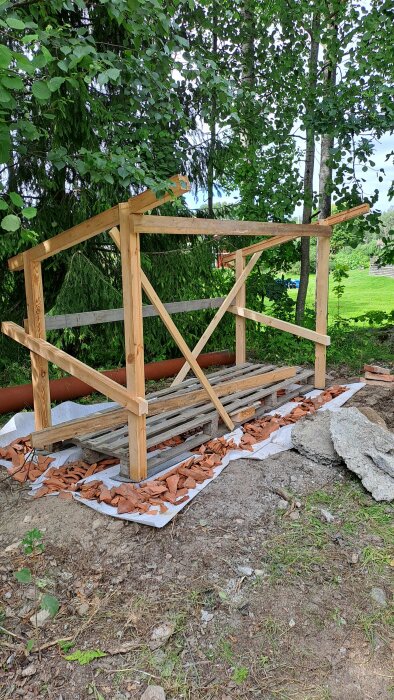 Träram till vedförråd under uppbyggnad, placerad på markduk täckt med tegelkross. Skog och grönska i bakgrunden.