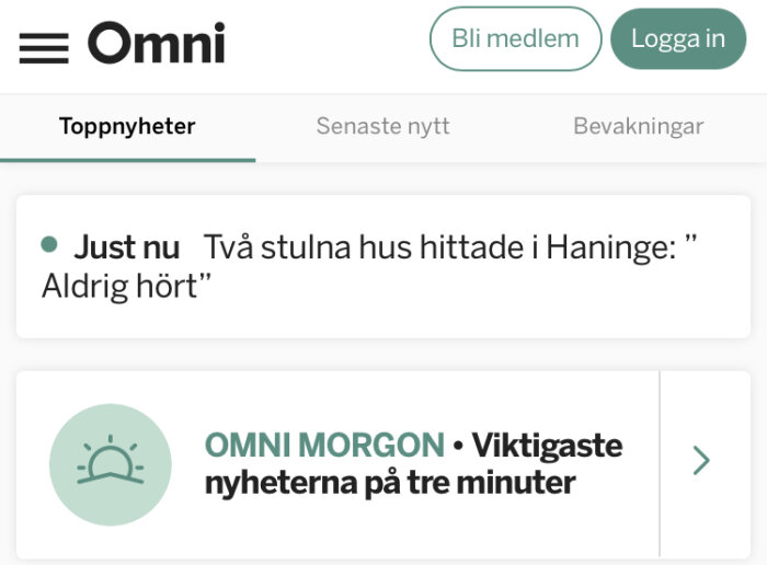 Omni-nyhetssida som visar rubrikerna: ”Just nu: Två stulna hus hittade i Haninge: 'Aldrig hört'” och ”OMNI MORGON - Viktigaste nyheterna på tre minuter”.