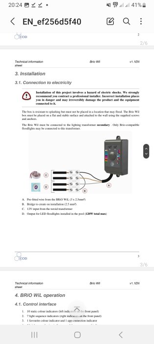 Diagram för elektricitetstilkobling av Brio WiL med detaljerad kabeldragning och anslutningar, tillsammans med installationsvarning och information om elektricitet och transformator.