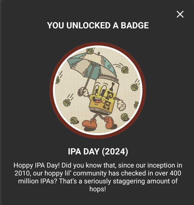 Tecknad burk med paraply omgiven av humlekottar, texten säger "Du har låst upp en badge, IPA Day (2024). Det står också en beskrivning om IPA Day och gemenskapen.