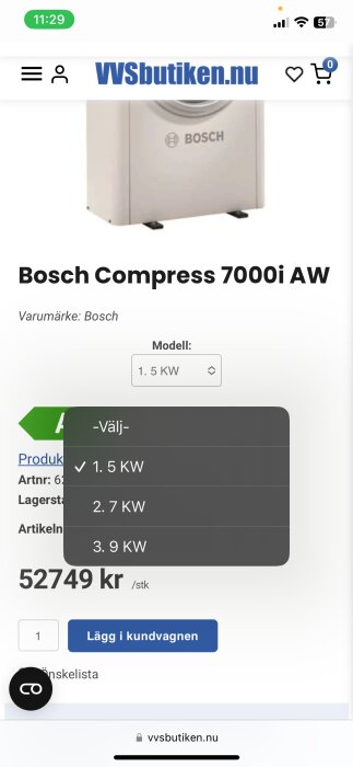 Bosch Compress 7000i AW värmepump visas med pris 52749 kr, val av effekt 1.5 kW, 7 kW eller 9 kW på webbplatsen VVSbutiken.nu.